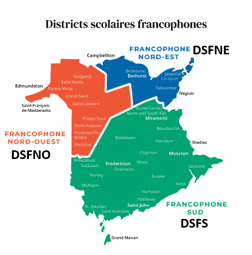 Carte du Nouveau-Brunswick représentant les trois districts scolaires francophones